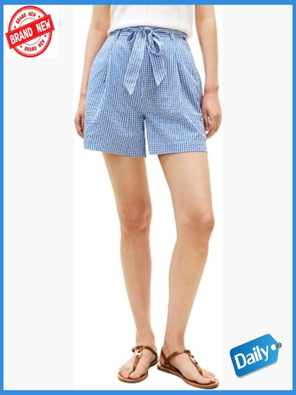 Gingham Woven Belted Cotton Shorts Mid Rise Pleated 5.5" Inseam